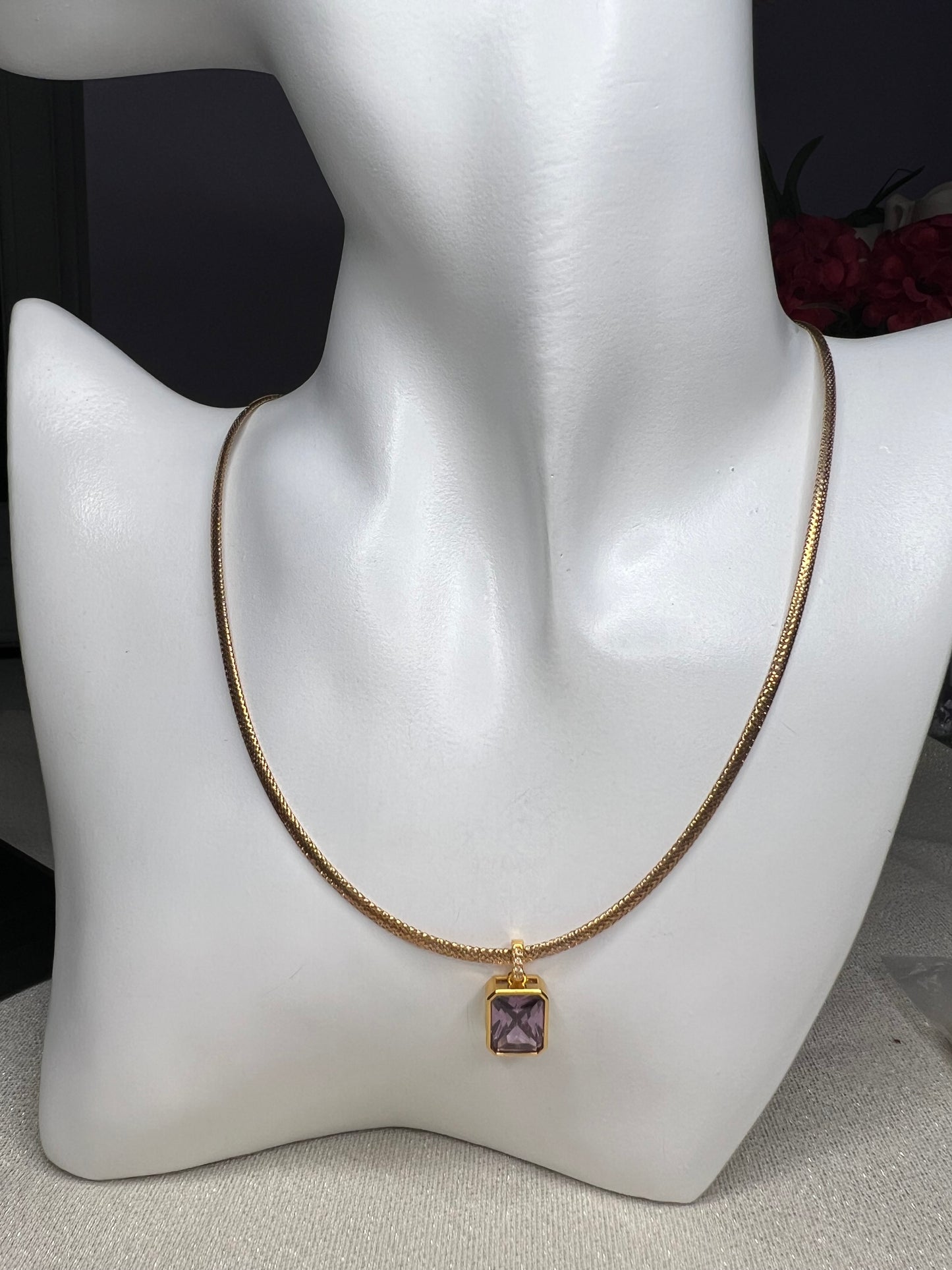 18ct Rose gold mesh type  chain with 18ct yellow  gold simulated Garnet  pendant