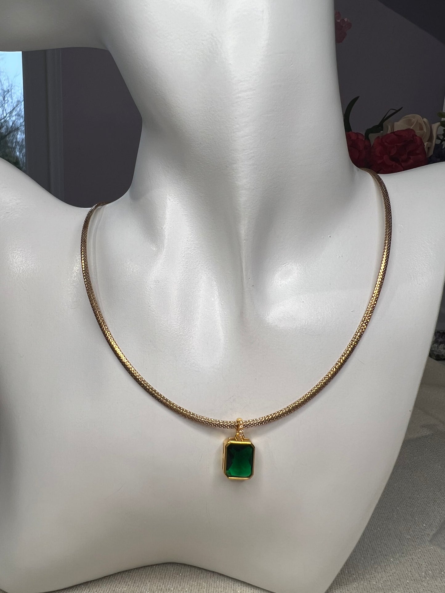 18ct Rose gold mesh type  chain with 18ct yellow  gold simulated Garnet  pendant