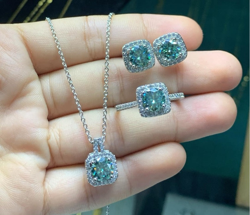 Blue-Green Moissanite   Sterling Silver Set