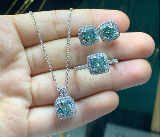 Blue-Green Moissanite   Sterling Silver Set