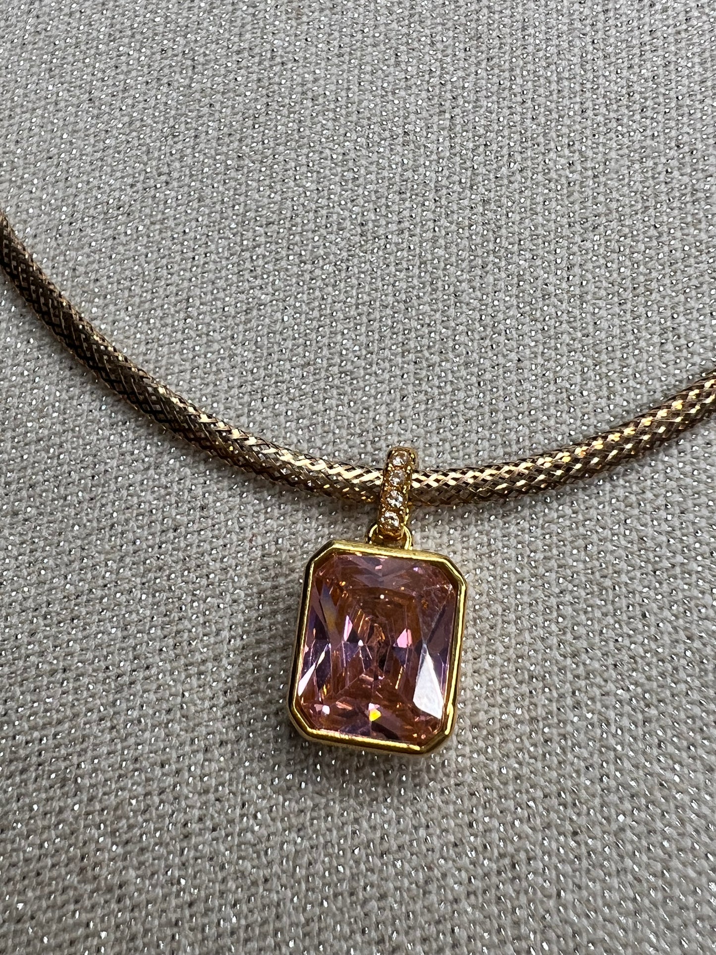 18ct Rose gold mesh type  chain with 18ct yellow  gold simulated Garnet  pendant