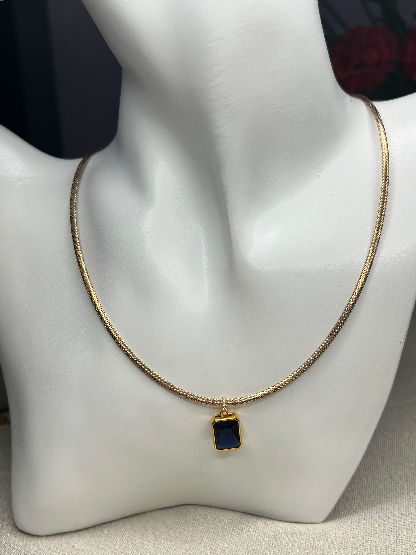 18ct Rose gold mesh type  chain with 18ct yellow  gold simulated Garnet  pendant